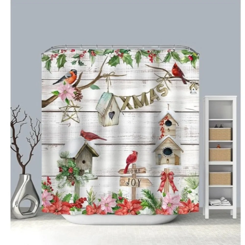 ✨🎄✨Festive Christmas Shower Curtain/Photo Backdrop with Birds and Birdhouses